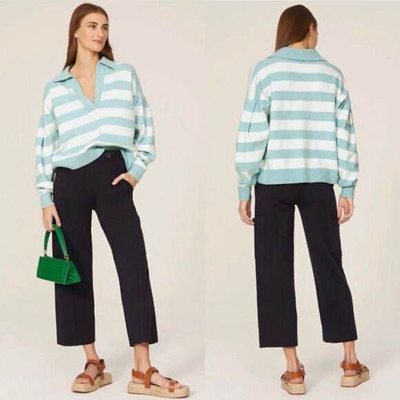 Tanya Taylor Striped V Neck Collar Maisie Knit Sweater Blue/White Cotton Size M - Picture 1 of 15